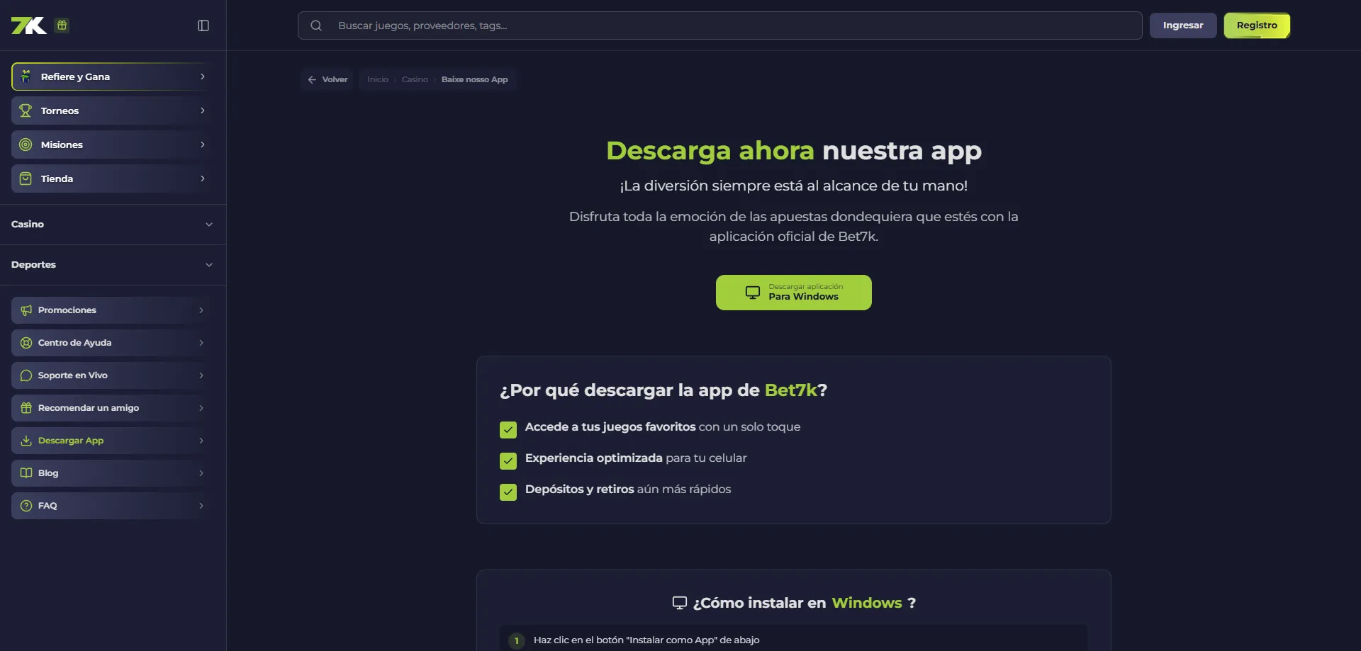 Bet7k Casino login desde móvil con la aplicación oficial en 2026